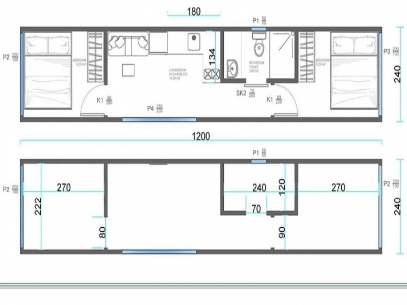 Armonía perfecta de chapa de madera y contenedor de envío - Planos con la distribución interna del espacio de la vivienda.