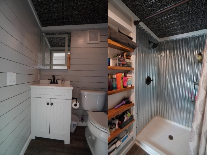 Alt galería de un dormitorio - Baño completo con organizador de madera.